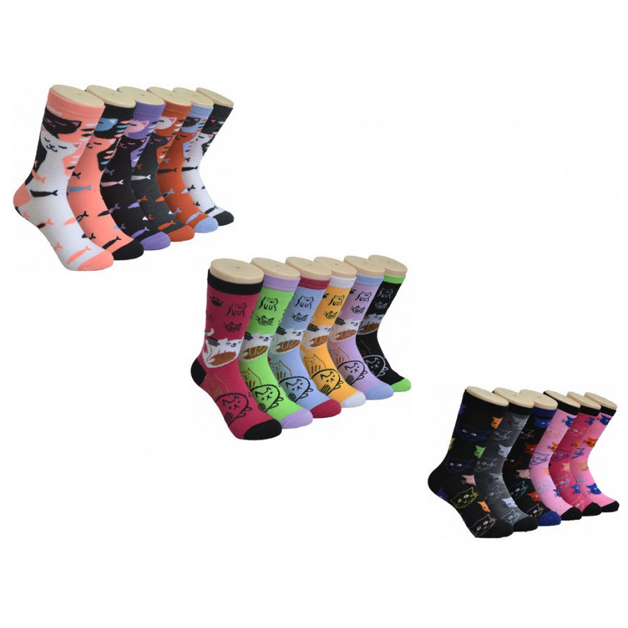 Women's Novelty Crew Socks - Cat Pattern Print - Size 9-11