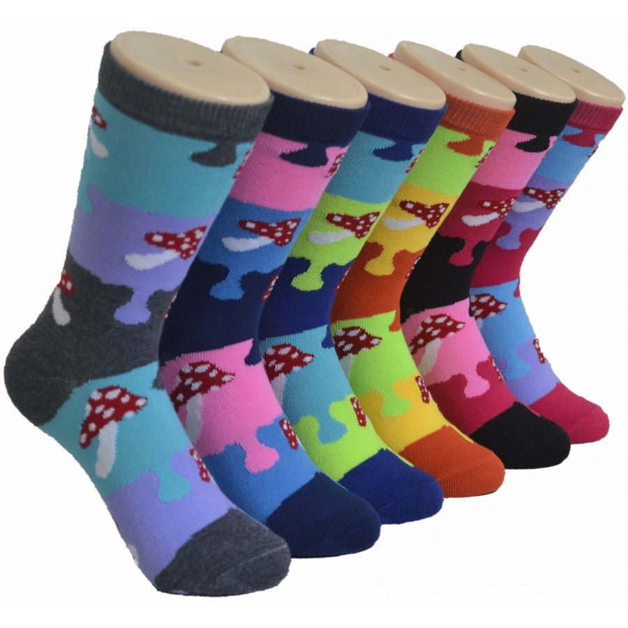 Women's Novelty Crew Socks - Mushroom & Puzzle Print -  Size 9-11