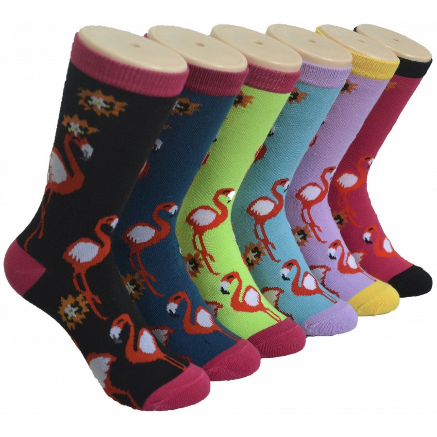 Women's Novelty Crew Socks - Tropical Flamingo Print -  Size 9-11