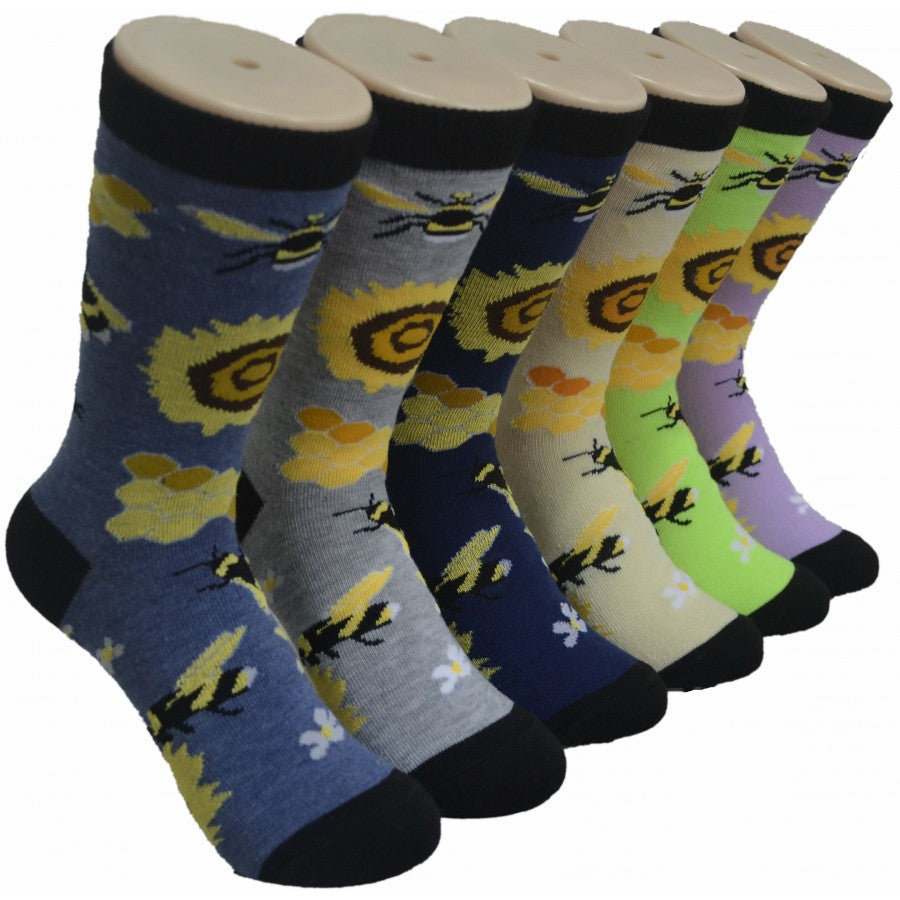 Women's Novelty Crew Socks - Bee and Sunflower Print - Size 9-11