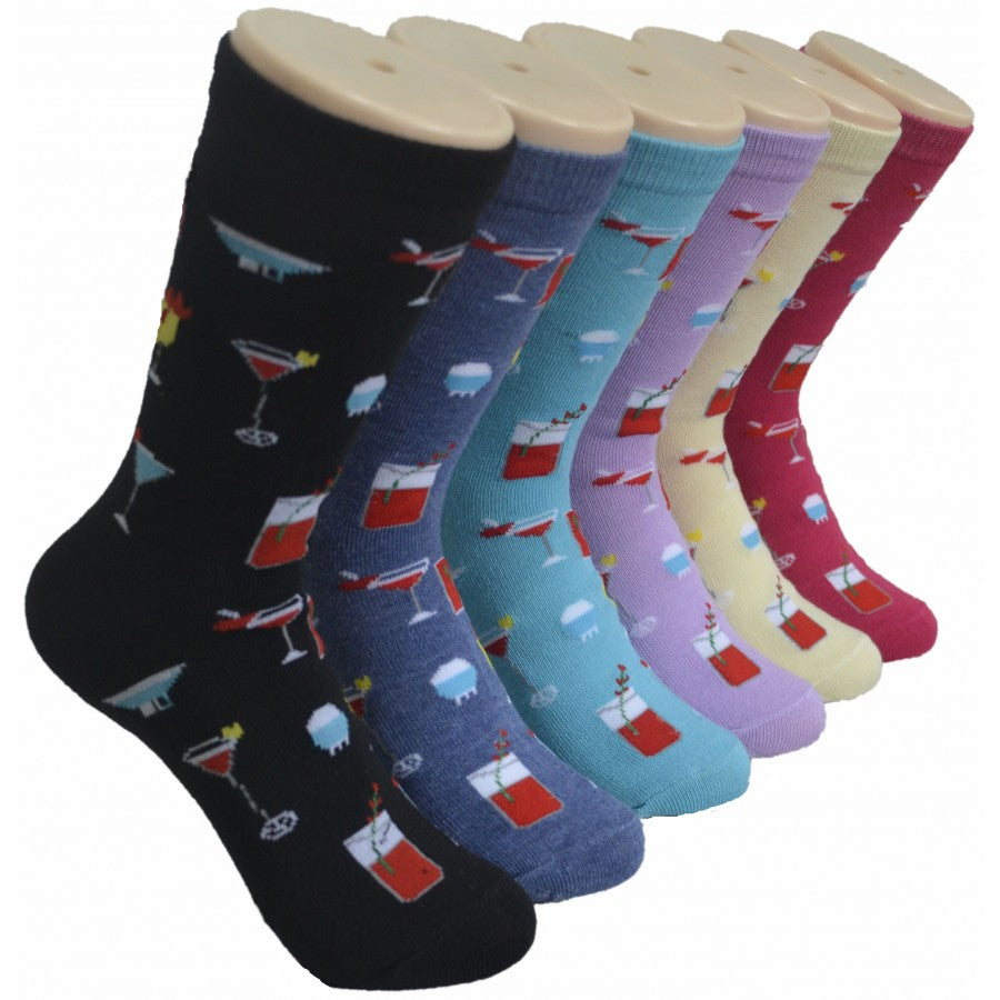 Women's Novelty Crew Socks -Summer Poolside Drink Print - Size 9-11