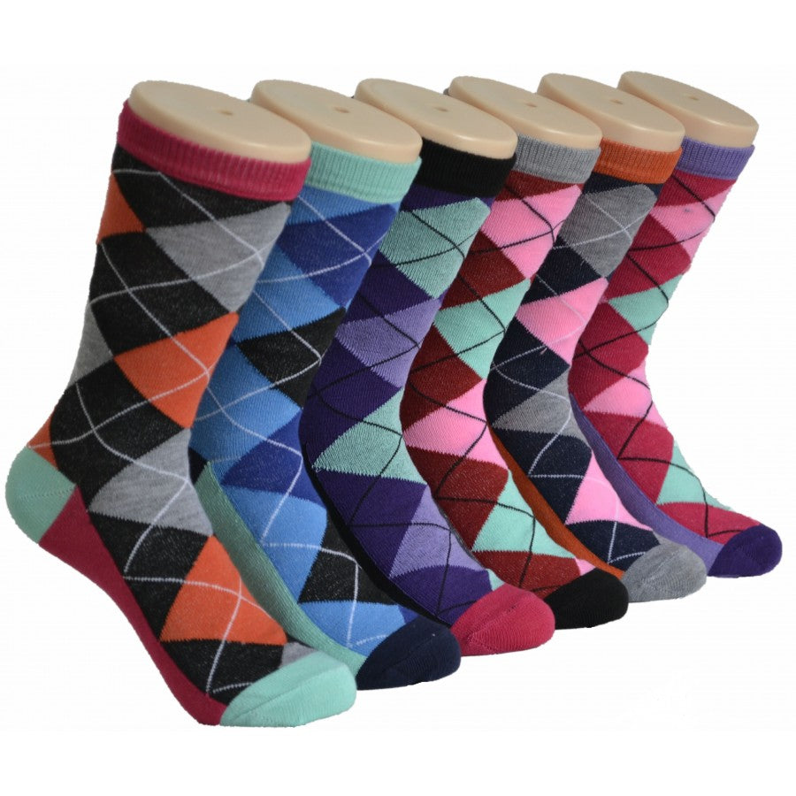 Women's Novelty Crew Socks - Two Tone Argyle Print -  Size 9-11