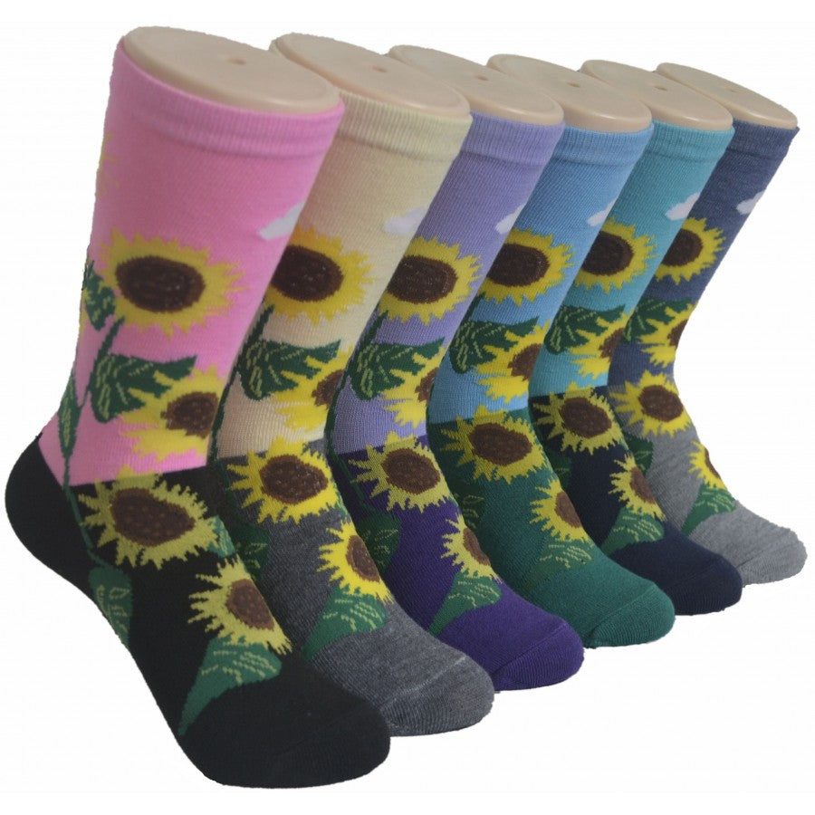 Women's Novelty Crew Socks - Sunflower Print -  Size 9-11