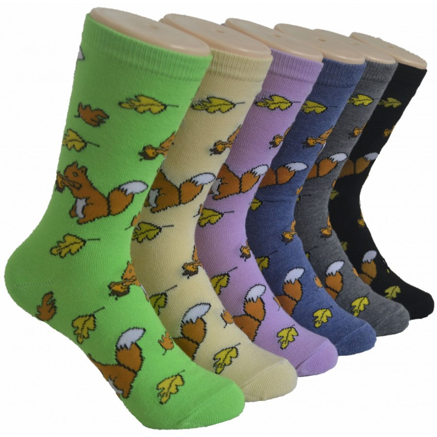 Women's Novelty Crew Socks - Squirrel & Fall Leaf Print - Size 9-11