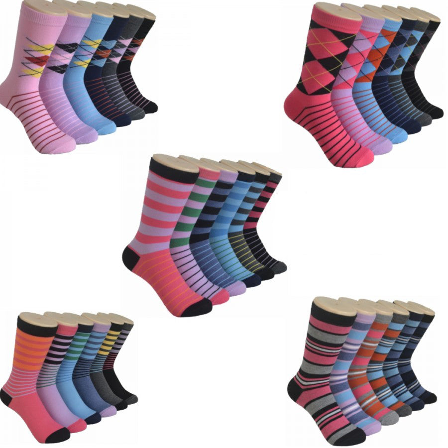 Women's Novelty Crew Socks - Striped & Argyle Patterns - Pink, Blue, & Black -  Size 9-11