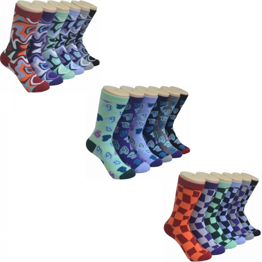 Women's Novelty Crew Socks - Tie-Dye, Abstract, & Two Tone Checkered Print - Size 9-11