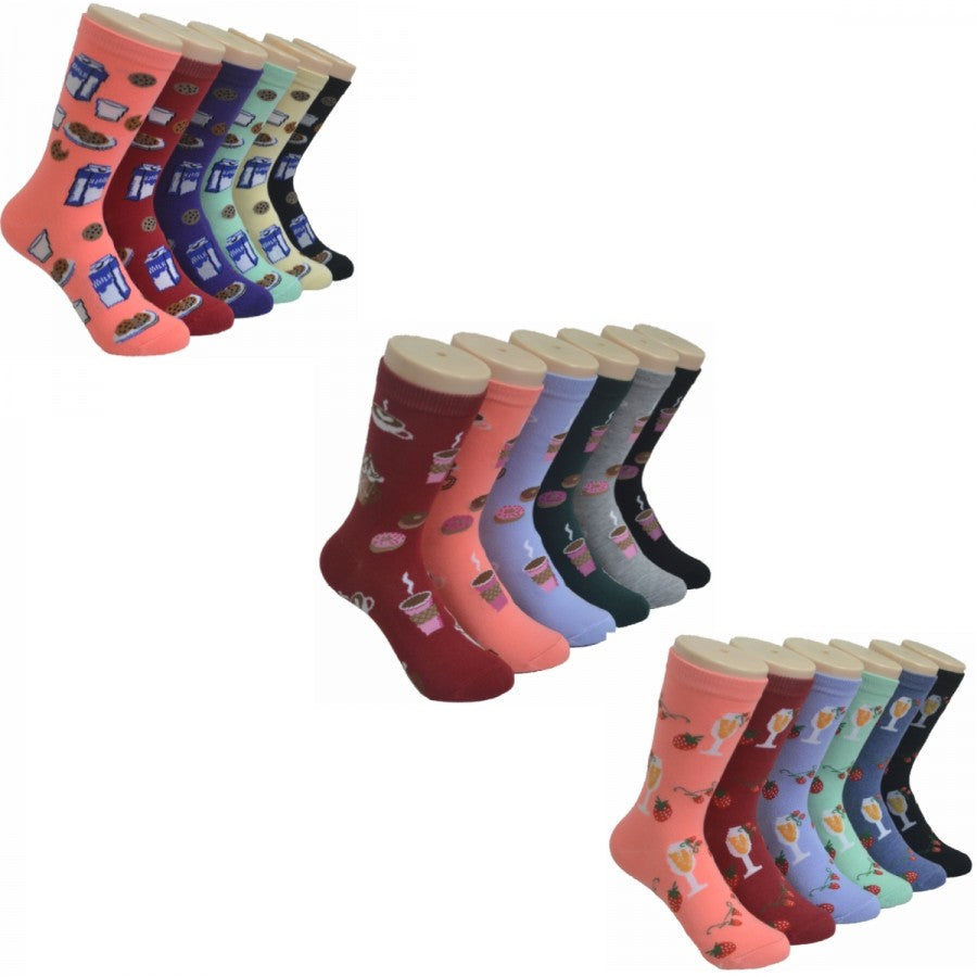 Women's Novelty Crew Socks - Coffee, Wine, Cookies & Milk Print - Size 9-11