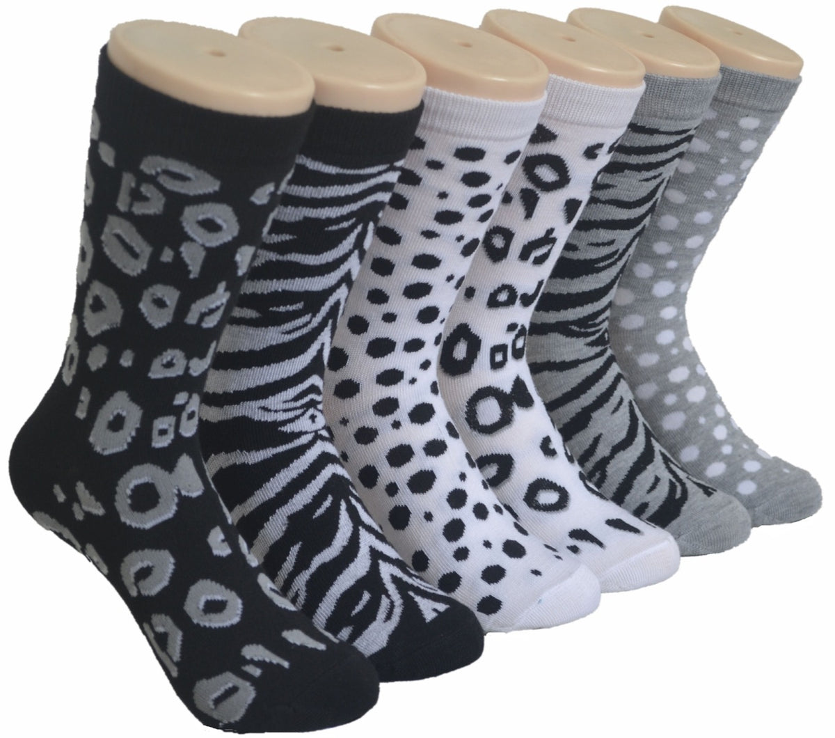 Women's Black & White Novelty Crew Socks - Zebra & Leopard Print - Size 9-11