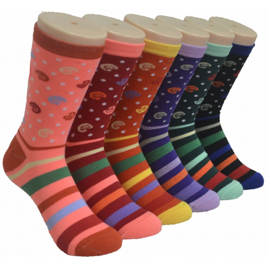 Women's Novelty Crew Socks - Two Tone Paisley Designs & Stripe Print - Size 9-11