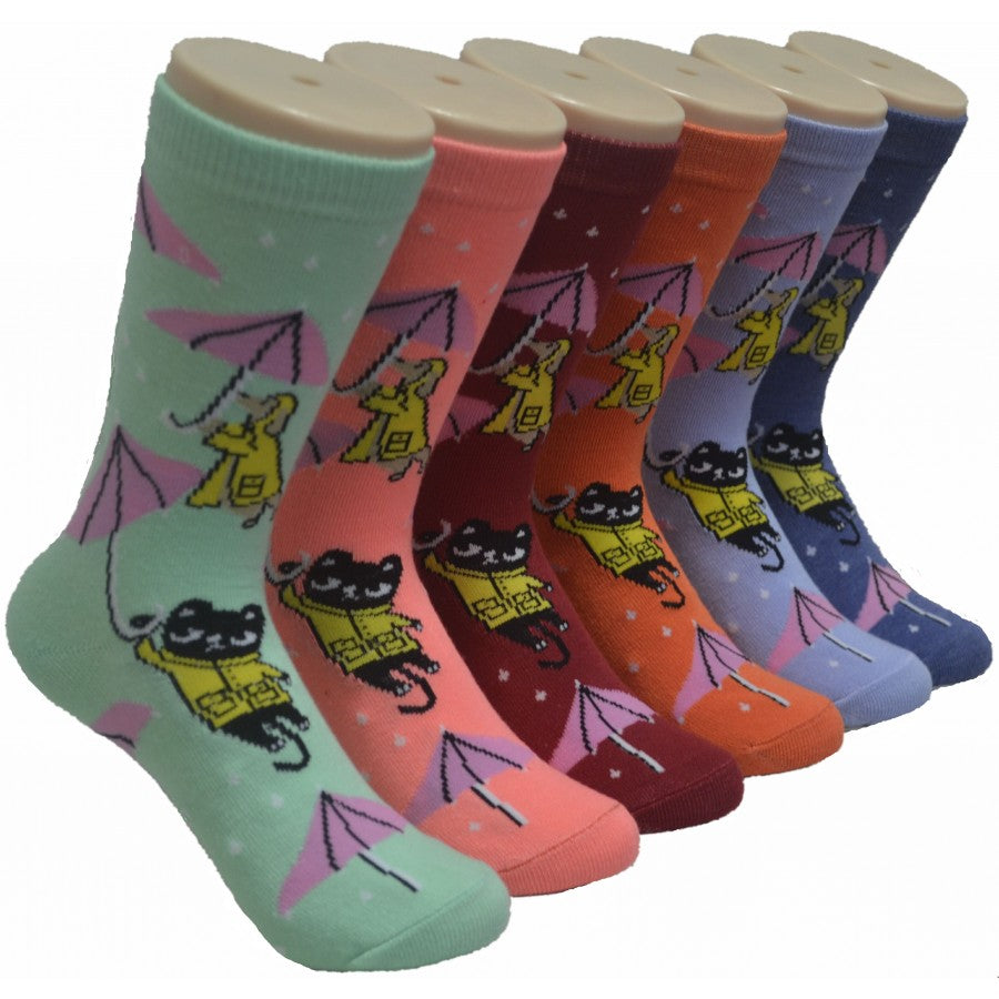 Women's Novelty Crew Socks - Cat & Umbrella Print - Size 9-11
