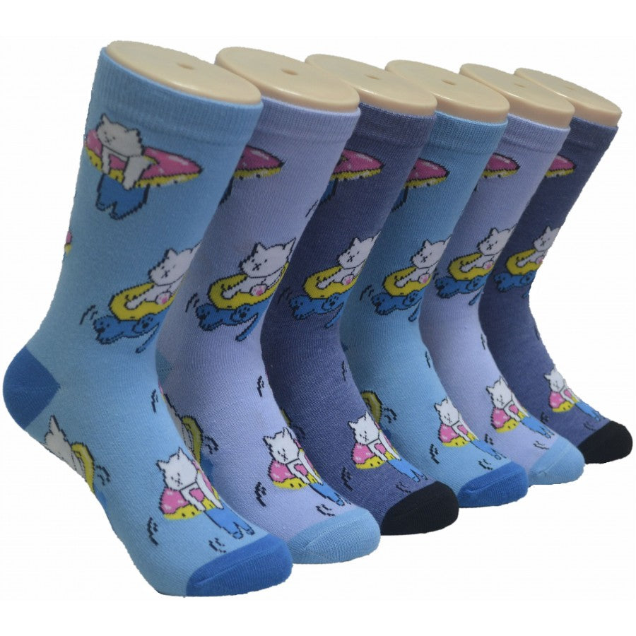 Women's Novelty Crew Socks - Poolside Cat Print - Size 9-11