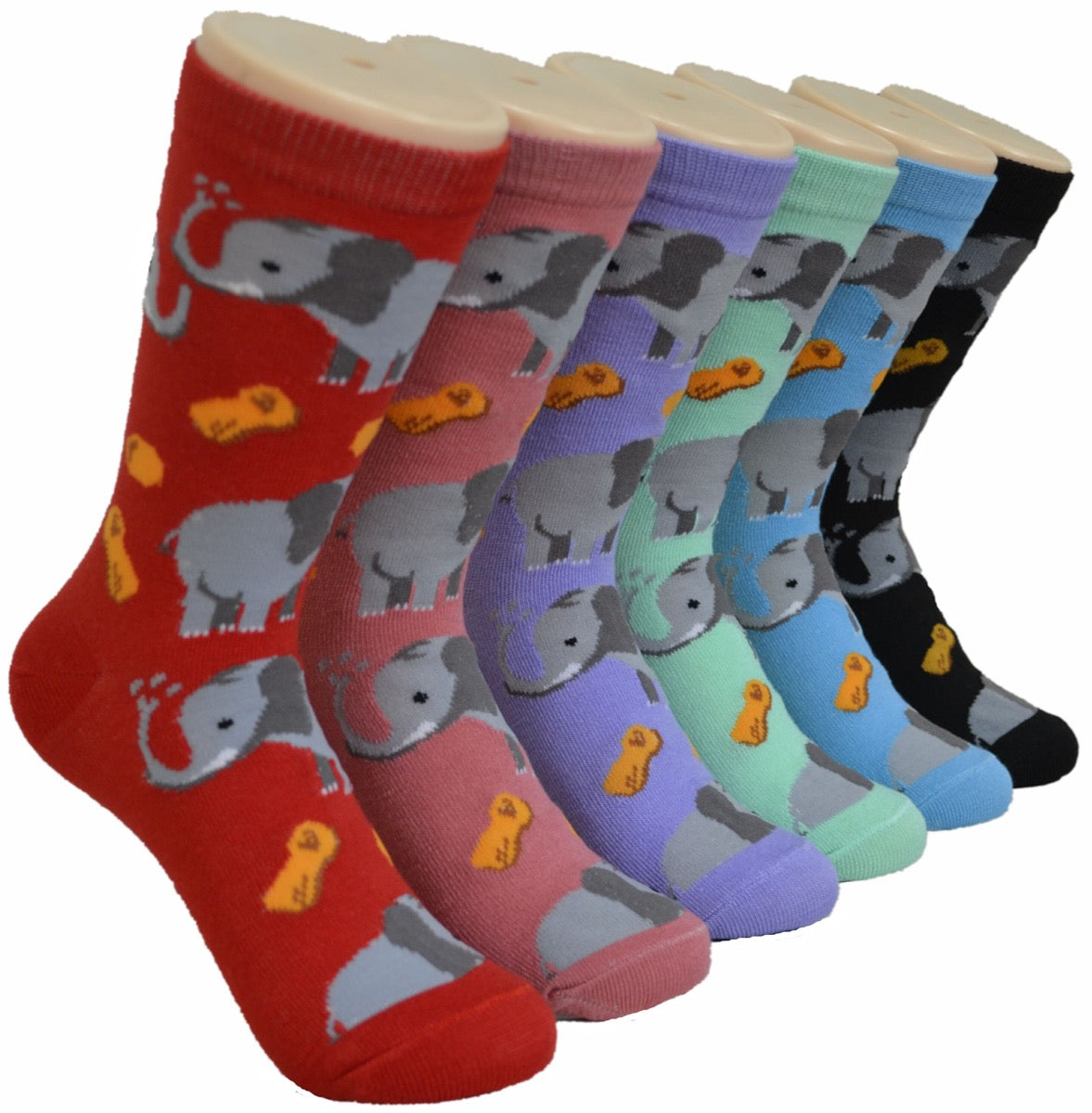 Women's Novelty Crew Socks - Elephant & Peanut Print -  Size 9-11
