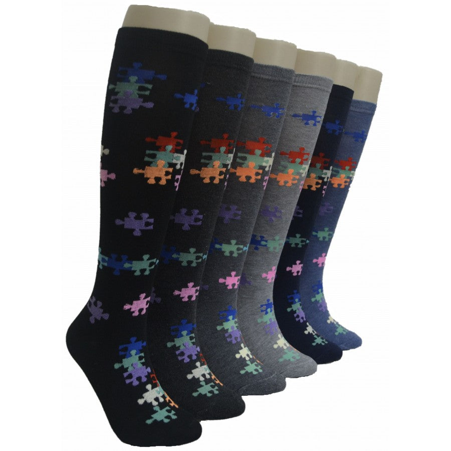 Women's Knee High Printed Socks - Two Tone Puzzle Print - Size 9-11