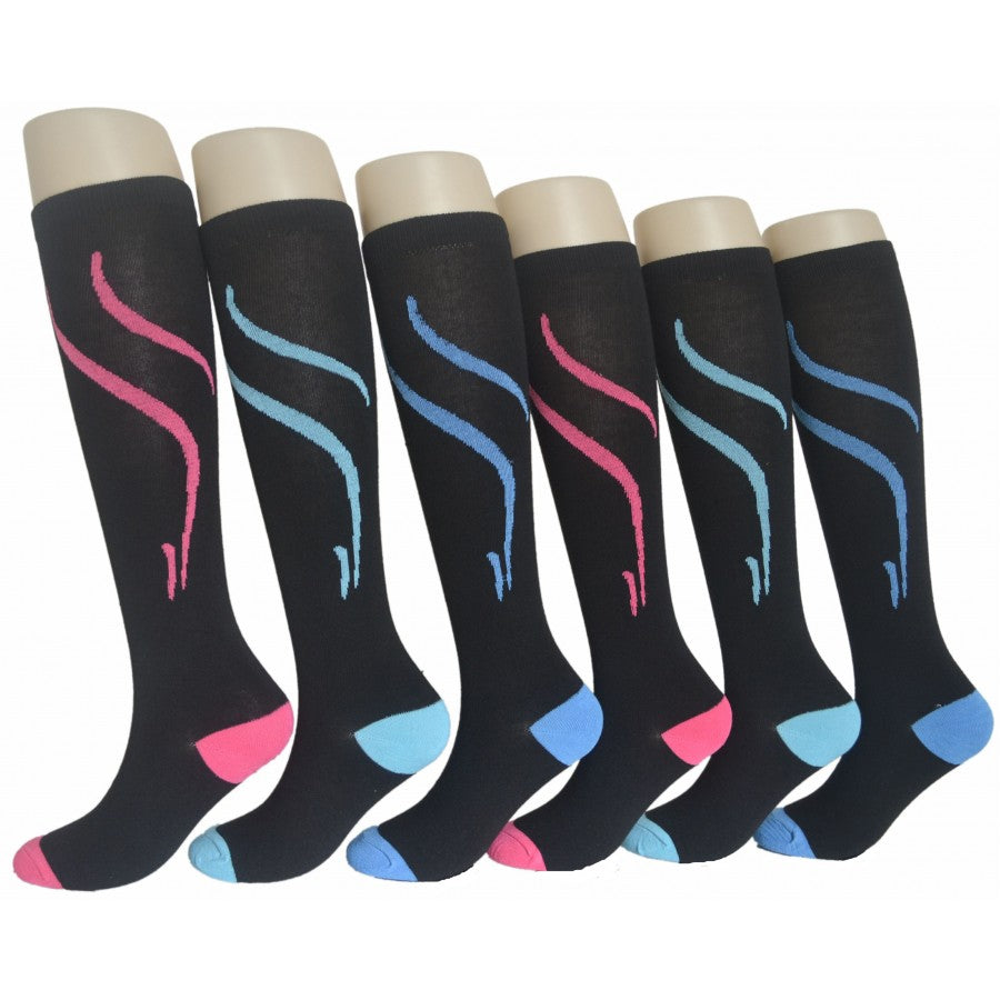 Women's Knee High Printed Socks - Blue & Pink Wave & Heel Print - Size 9-11