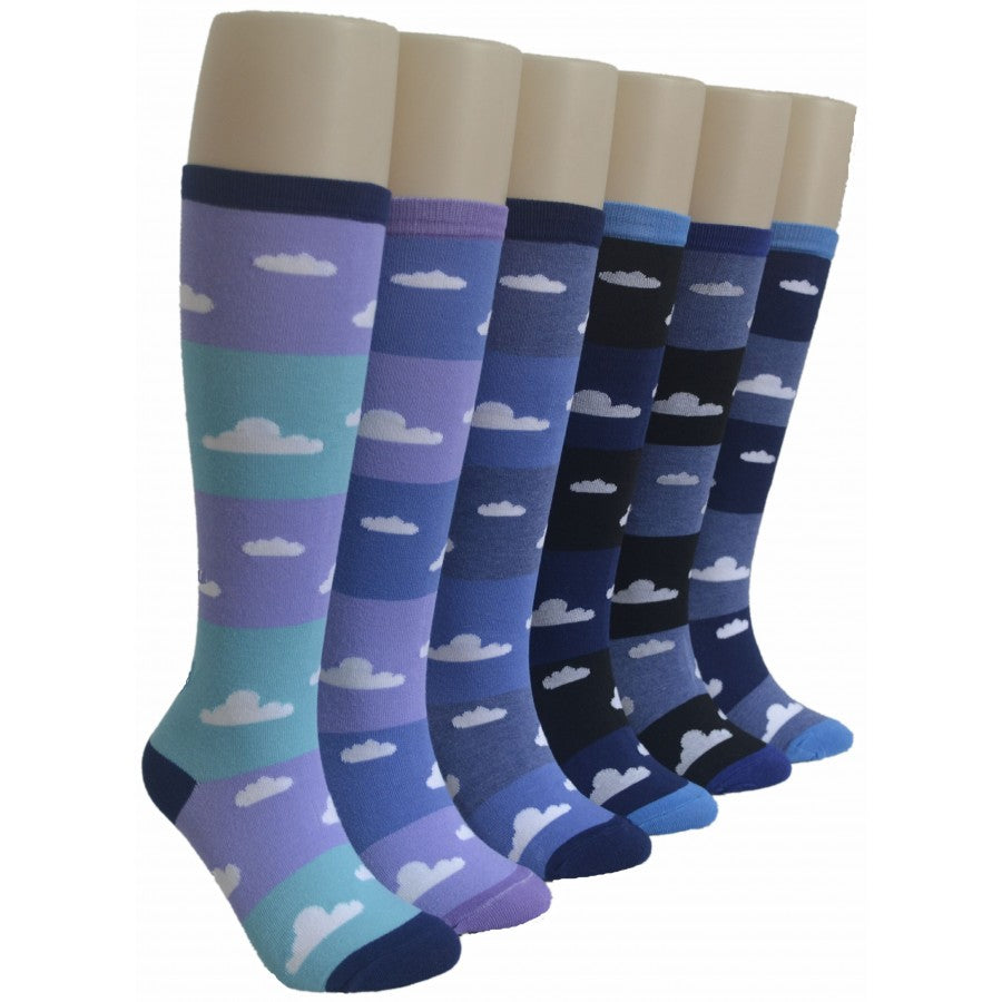 Women's Knee High Printed Socks - Cloud & Sky Print - Size 9-11