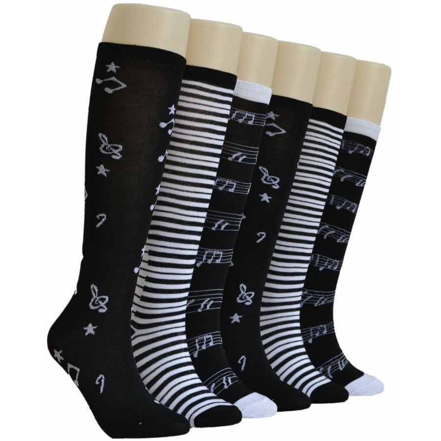 Women's Knee High Printed Socks - Music Print - Size 9-11