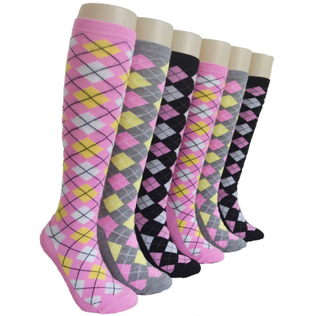 Women's Novelty Knee High Socks - Pink Tone Argyle Print - Size 9-11