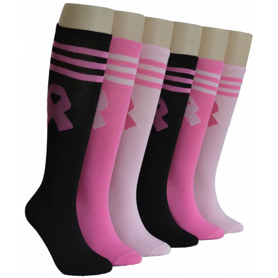 Women's Knee High Printed Socks - Striped Breast Cancer Awareness Print - Size 9-11