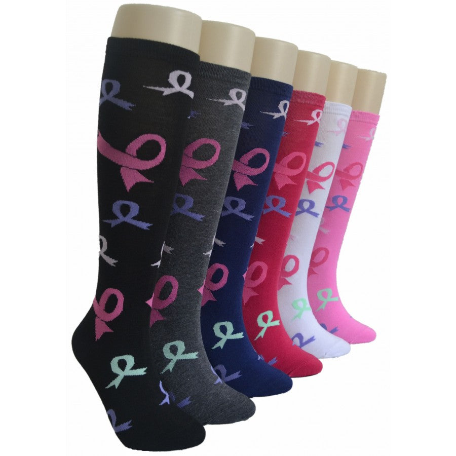 Women's Knee High Printed Socks - Two Tone Breast Cancer Awareness Ribbon Print - Size 9-11