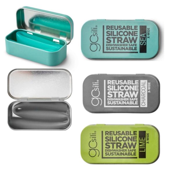 GoSili 8.5" X-Wide Reusable Silicone Straws with Metal Travel Tin in Assorted Colors and  Countertop Display