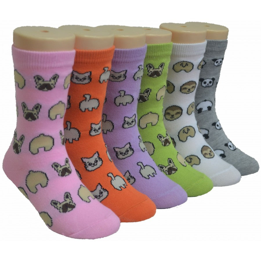 Boy's & Girl's Novelty Crew Socks - Dog, Cat, Panda & Sloth Print - Size 6-8