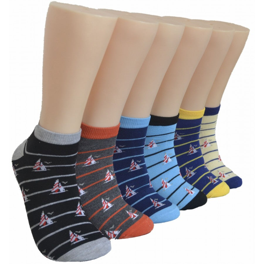 Men's Low-Cut Socks - Two Tone Boat Print - Size 10-13