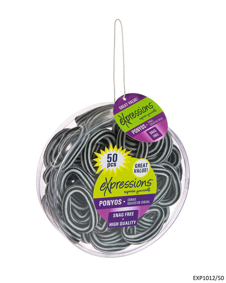 Two Tone Ponyo Hair Elastics w/ Retail Canister - Black & White - 50-Pack