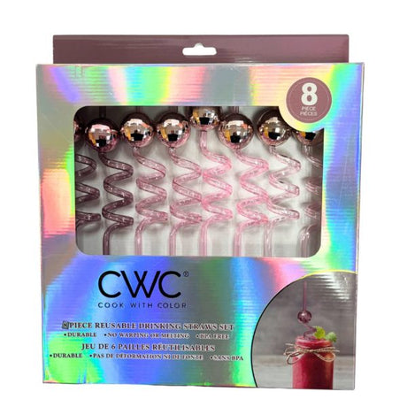 Cook with Color 8 Piece Pink Disco Ball BPA Free Swirly Plastic Straw Set