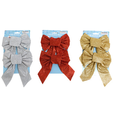 Bow Glitter 2pk 6.5 X 5.5in 3ast Colors Red/silver/gold Tcd