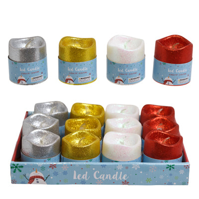 Candle Led Flicker Pillar W/glitter 2.75x2.52in 4ast/12pc Pdq Silver/red/pearl/gold