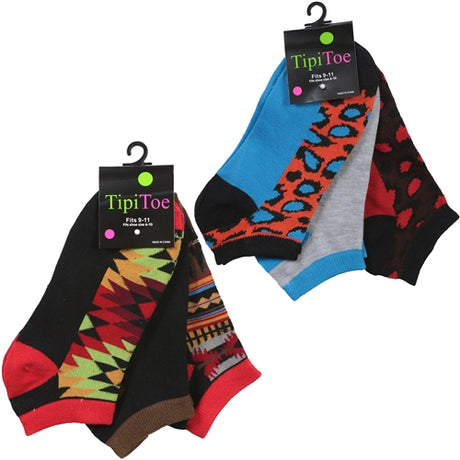 Women's Low Cut Novelty Socks - Red/Yellow/Blue/Black Prints - Size 9-11 - 3-Pair Packs