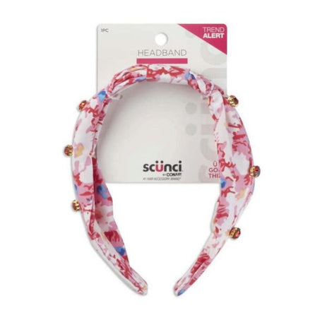Scunci Floral Satin Headband with Gemstone Embellishments In Pink and Blue