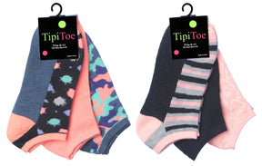 Women's Low Cut Novelty Socks - Peach/Purple/Black Prints - Size 9-11 - 3-Pair Packs