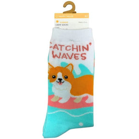 Happy Value Catchin' Waves Surfing Dog Crew Socks in Sizes 4-10