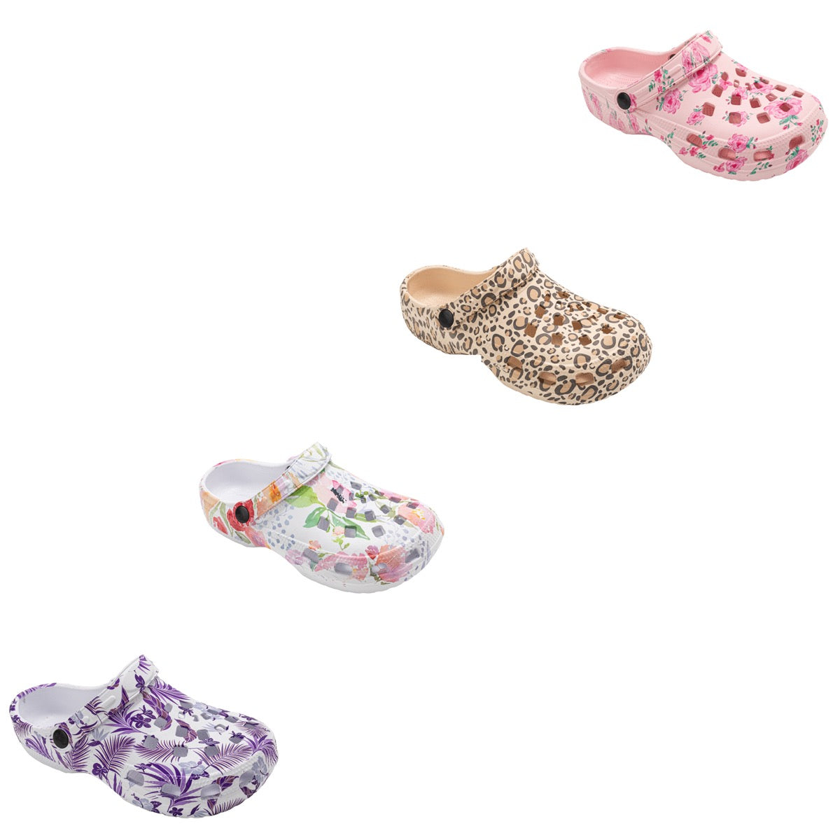 Women's Printed EVA Vented Bubble Clogs w/ Floral, Palm Tree & Leopard Print