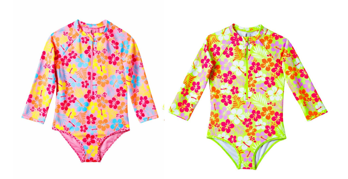 Girl's One-Piece Long Sleeve Rash Guards w/ UPF Sun Protection - Floral Print - Sizes 7-16