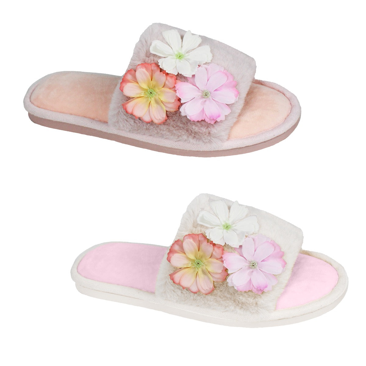 Women's Faux Fur Mule Slide Sandals w/ Flower Ornaments