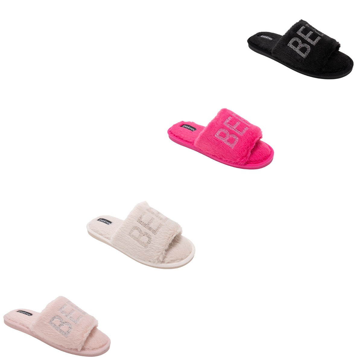 Bebe Women's Faux Fur Slide Bedroom Slippers w/ Embroidered Rhinestone Logo - Choose Your Color(s)