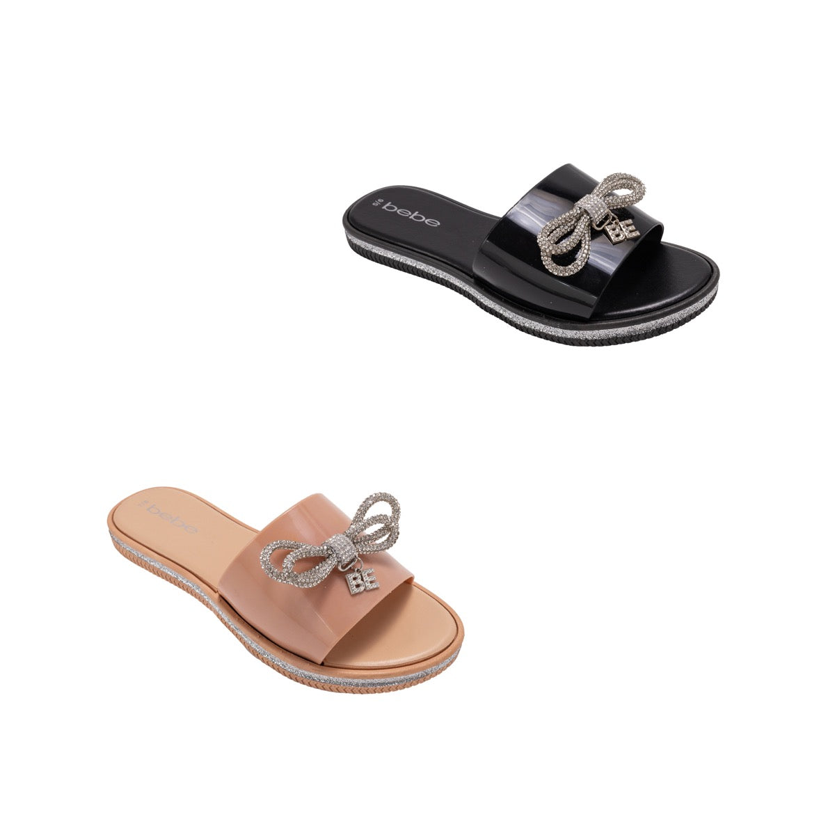 Bebe Women's PCU Slide Sandals w/ Rhinestone Bow & Dangle Charm - Choose Your Color(s)