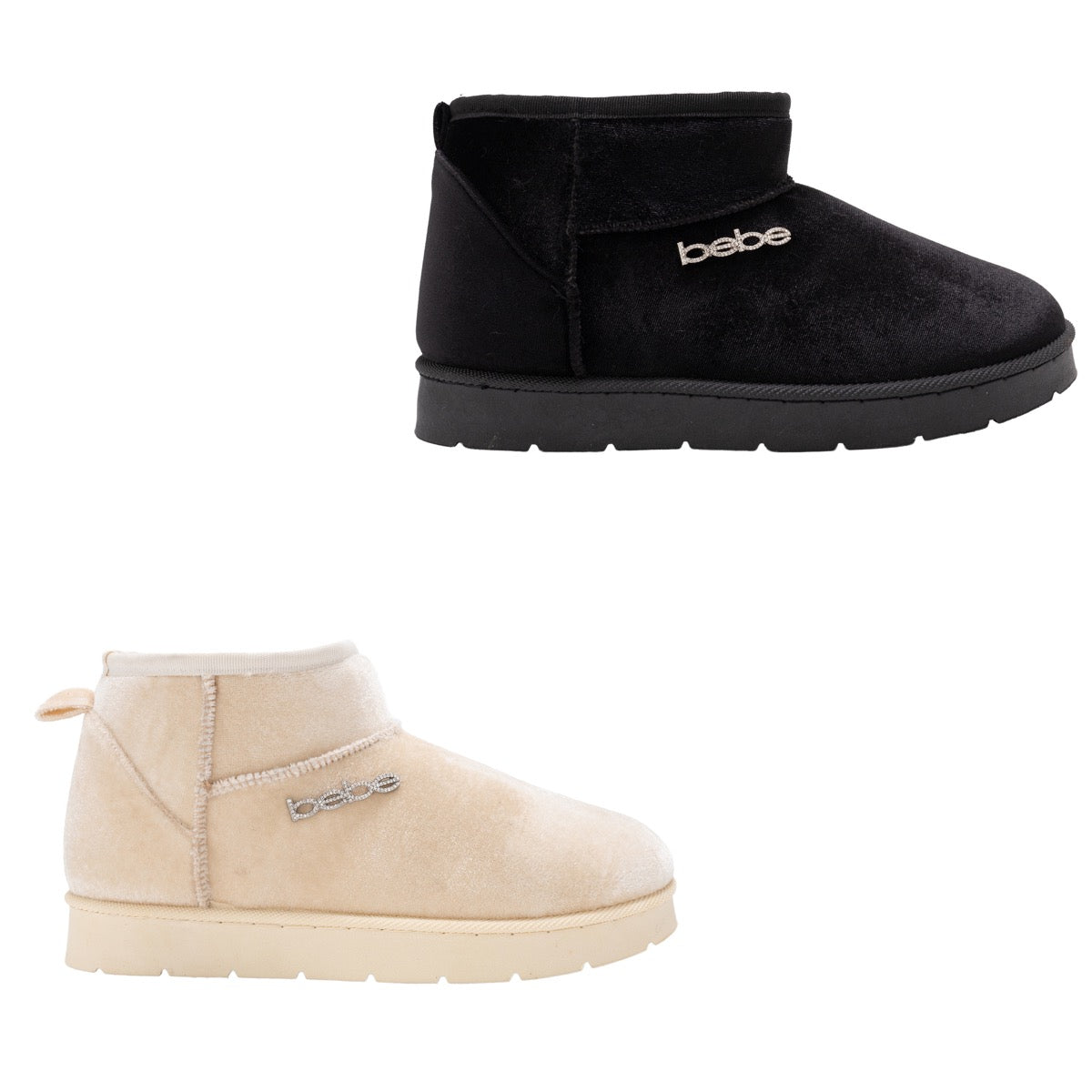 Bebe Women's Winter Low Cut Boots w/ Velvet Upper & Rhinestone Bebe Details - Choose Your Color(s)