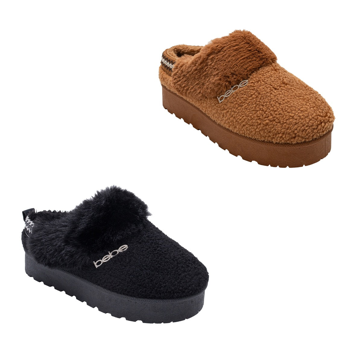 Bebe Women's Sherpa Cozy Slide Slippers w/ Faux Fur Collar & Rhinestone Logo Rivet - Choose Your Color(s)