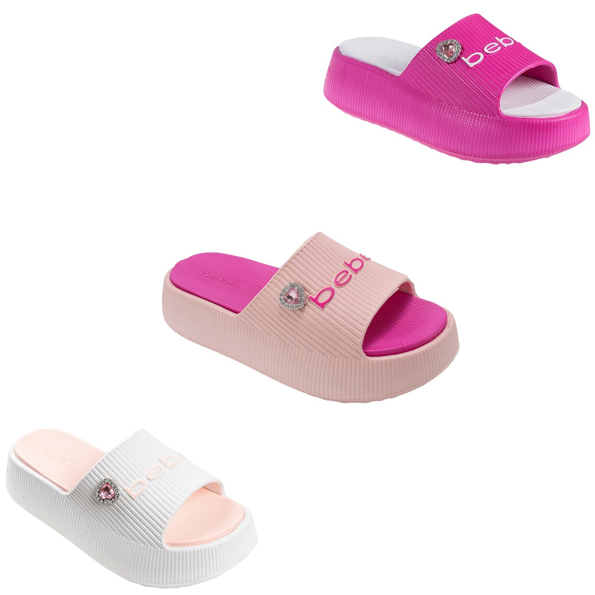 Bebe Girl's Platform EVA Slide Sandals w/ Two Tone Footbed & Embroidered Charm - Choose Your Color(s)