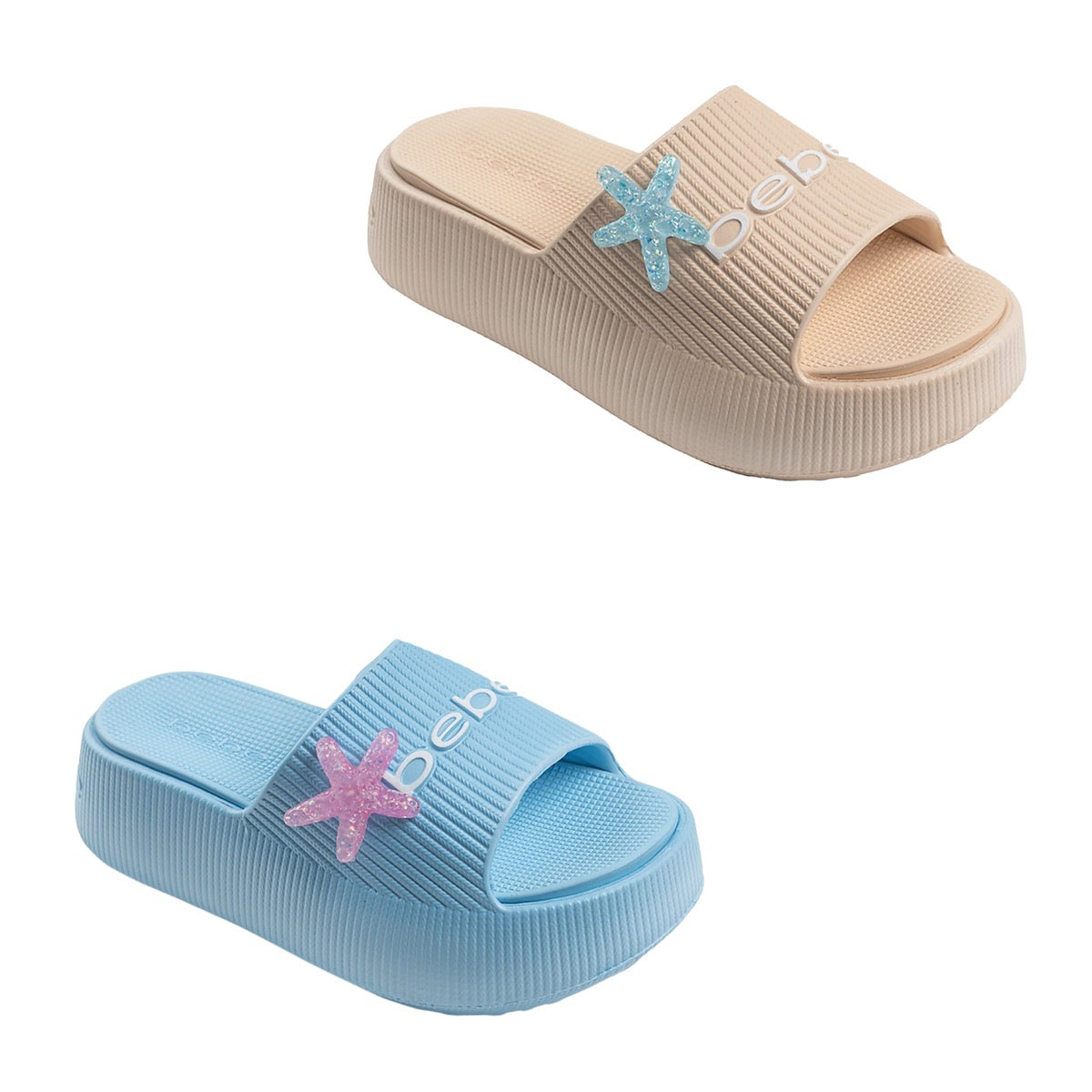 Bebe Girl's Platform EVA Slide Sandals w/ Embroidered Star Fish Charm - Choose Your Color(s)