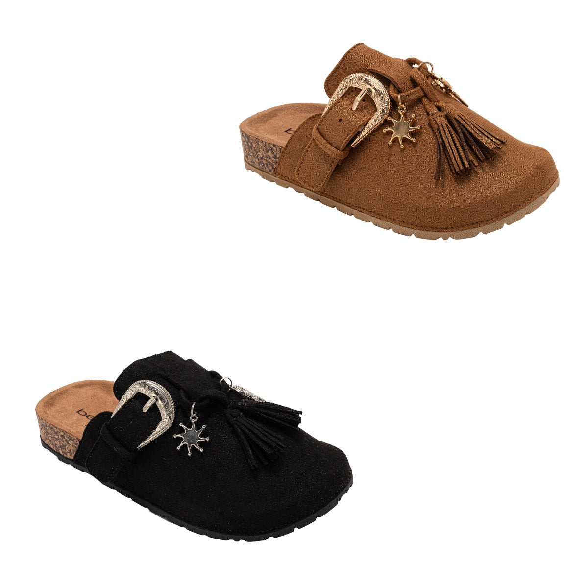 Bebe Girl's Mule Clogs w/ Western Buckle, Embroidered Mystical Charms, & Upper Tassels - Choose Your Color(s)