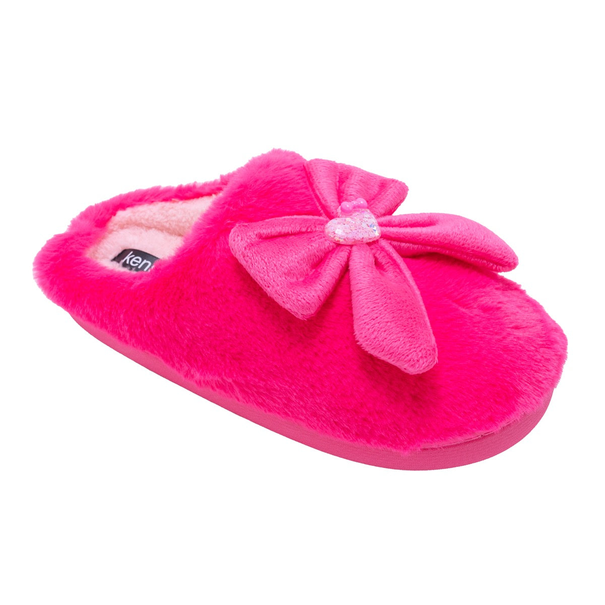 Women's Faux Fur Mule Slippers w/ Plush Bow & Glitter Resin Charm
