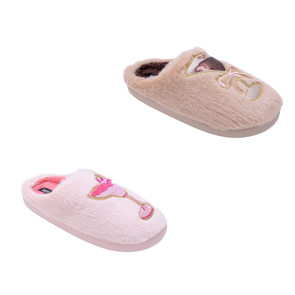 Women's Faux Fur Mule Slippers w/ Cocktail Sequin Embroidered Patch - Choose Your Color(s)