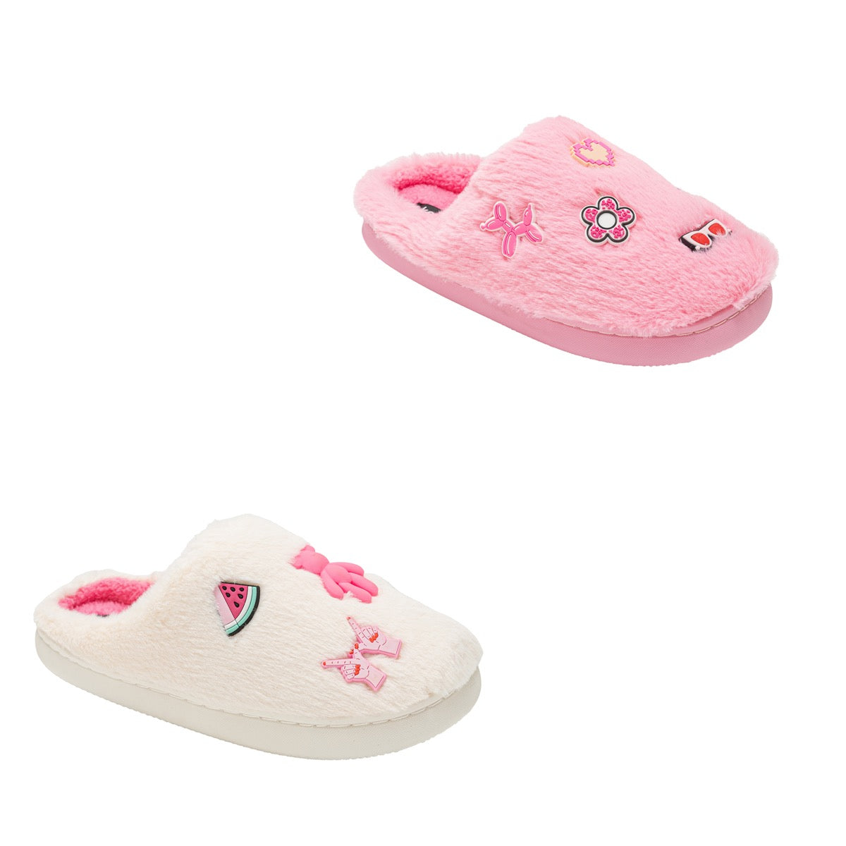 Women's Faux Fur Mule Slippers w/ Rubber Charms - Choose Your Color(s)