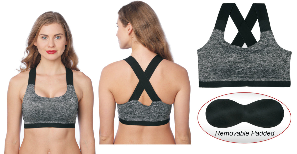 Heathered Grey Second Skin Pullover Sports Bras w/ Cross Back & Removable Pads