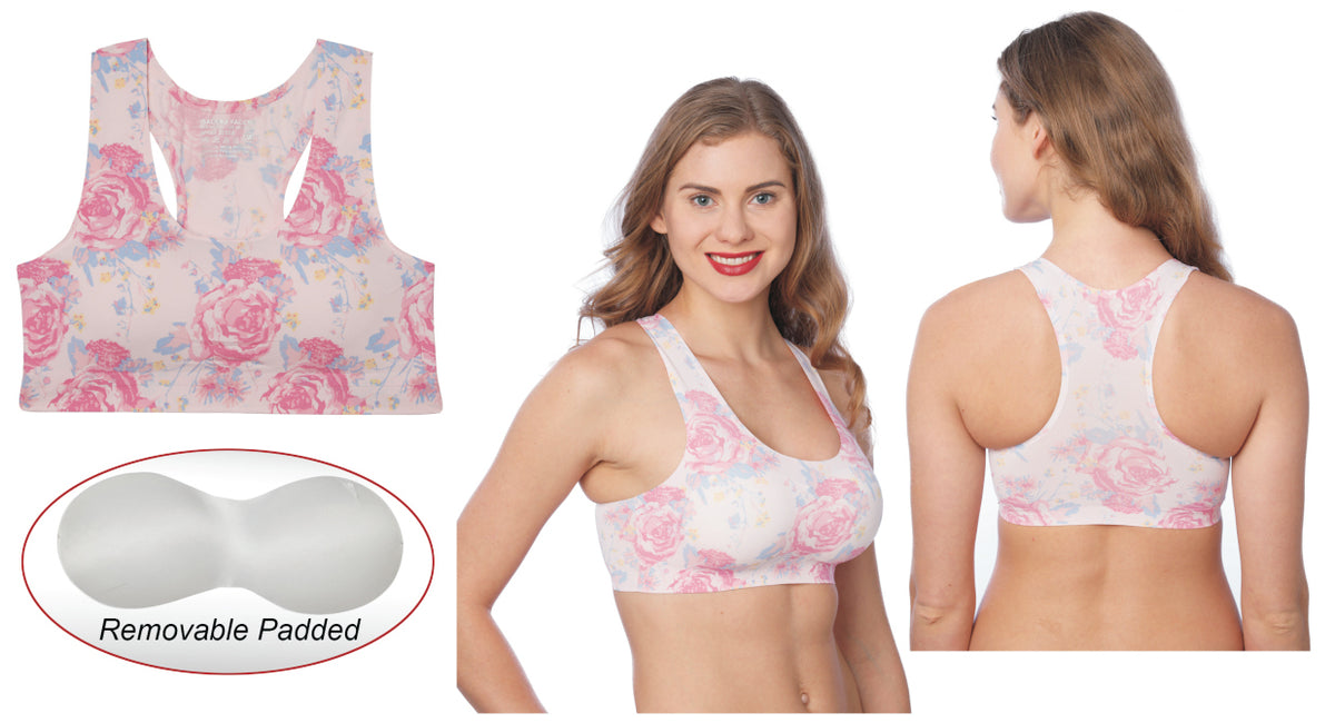 Floral Print Mesh Second Skin Pullover Sports Bras w/ Racerback & Removable Pads
