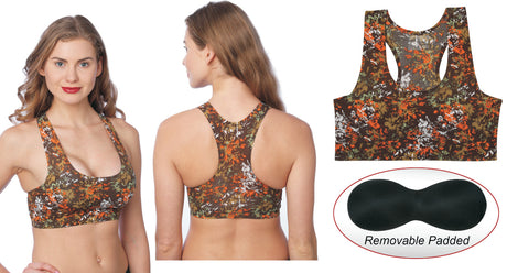 Autumn Camo Second Skin Pullover Sports Bras w/ Racerback & Removable Pads
